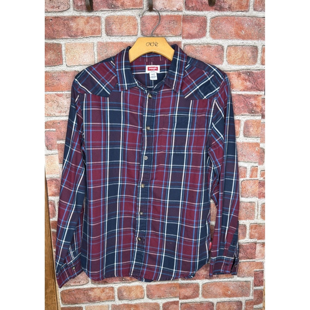 Wrangler Boys Long Sleeve Plaid Western Button Down Shirt‎ Burgundy Navy 14/16 L